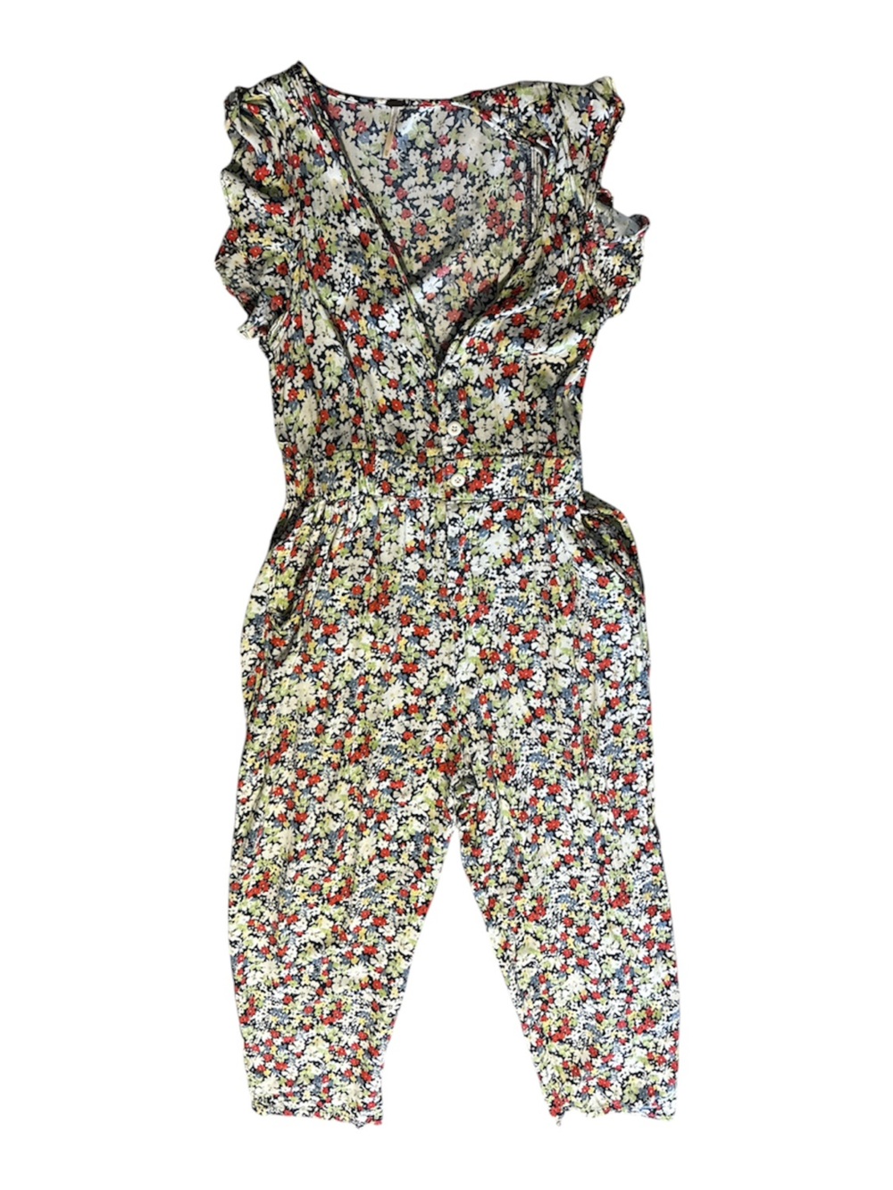 Free People Floral Ankle Jumpsuit in White, Red & Green